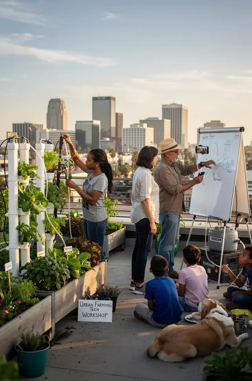Technician demonstrating energy-efficient smart home devices to local residents in a small group setting.